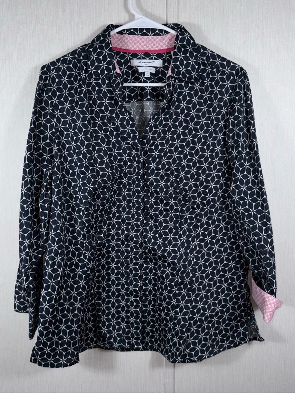 Foxcroft Navy and White Geometric Button-Down Shirt